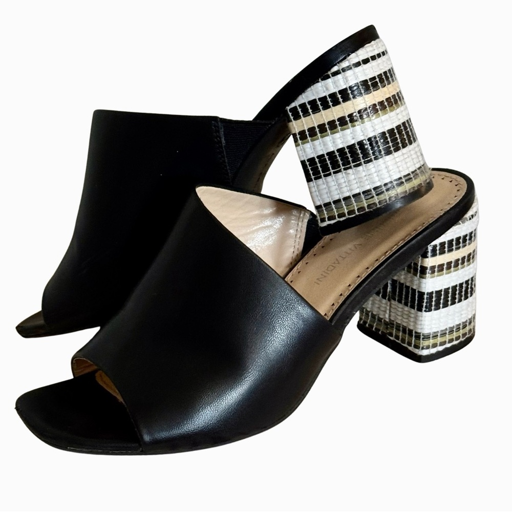 Adrienne Vittadini Tribal Tan, Black and White Block Heel Mules